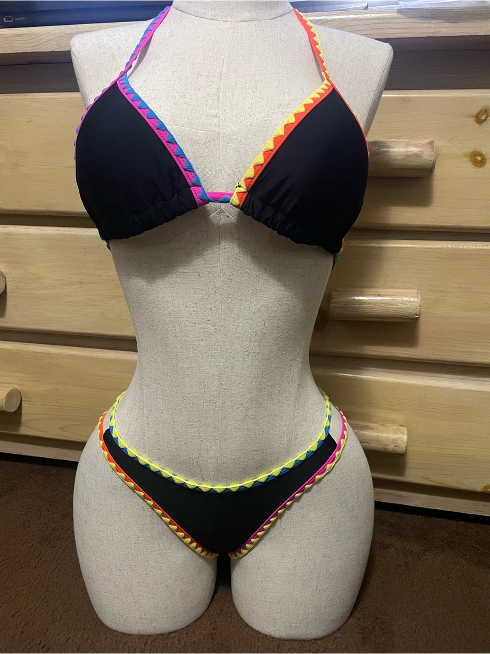 Dailiwei Black Triangle Bikini with Neon Trim - Women's Swim Size Small